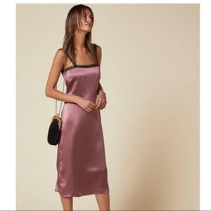 REFORMATION silky lace trim midi dress